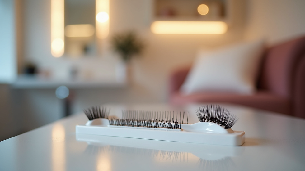 Eye-level view of a beauty salon interior with eyelash extension tools