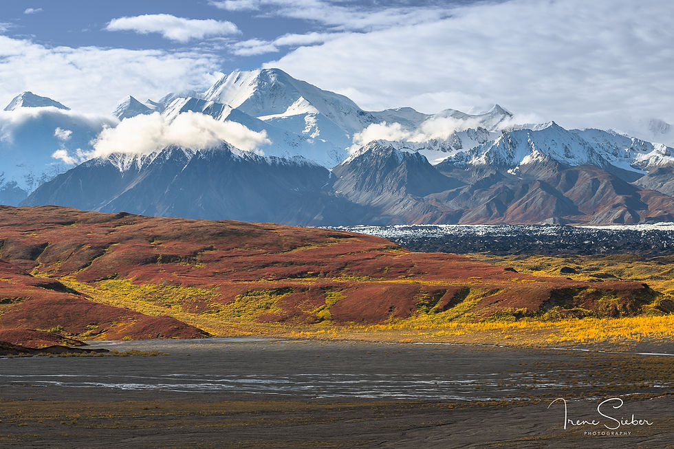 Schneebedeckte Berge in Alaska unter blauem Himmel.