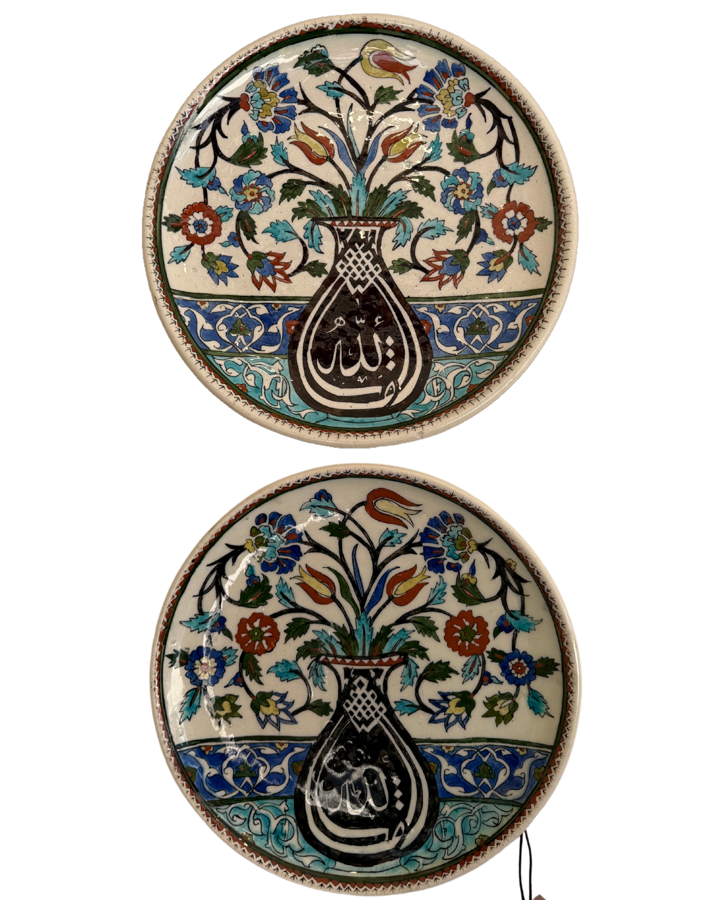 Hand-Painted Turkish Ceramic Wall Plates (2) – Kütahya Floral Motif with Arabic