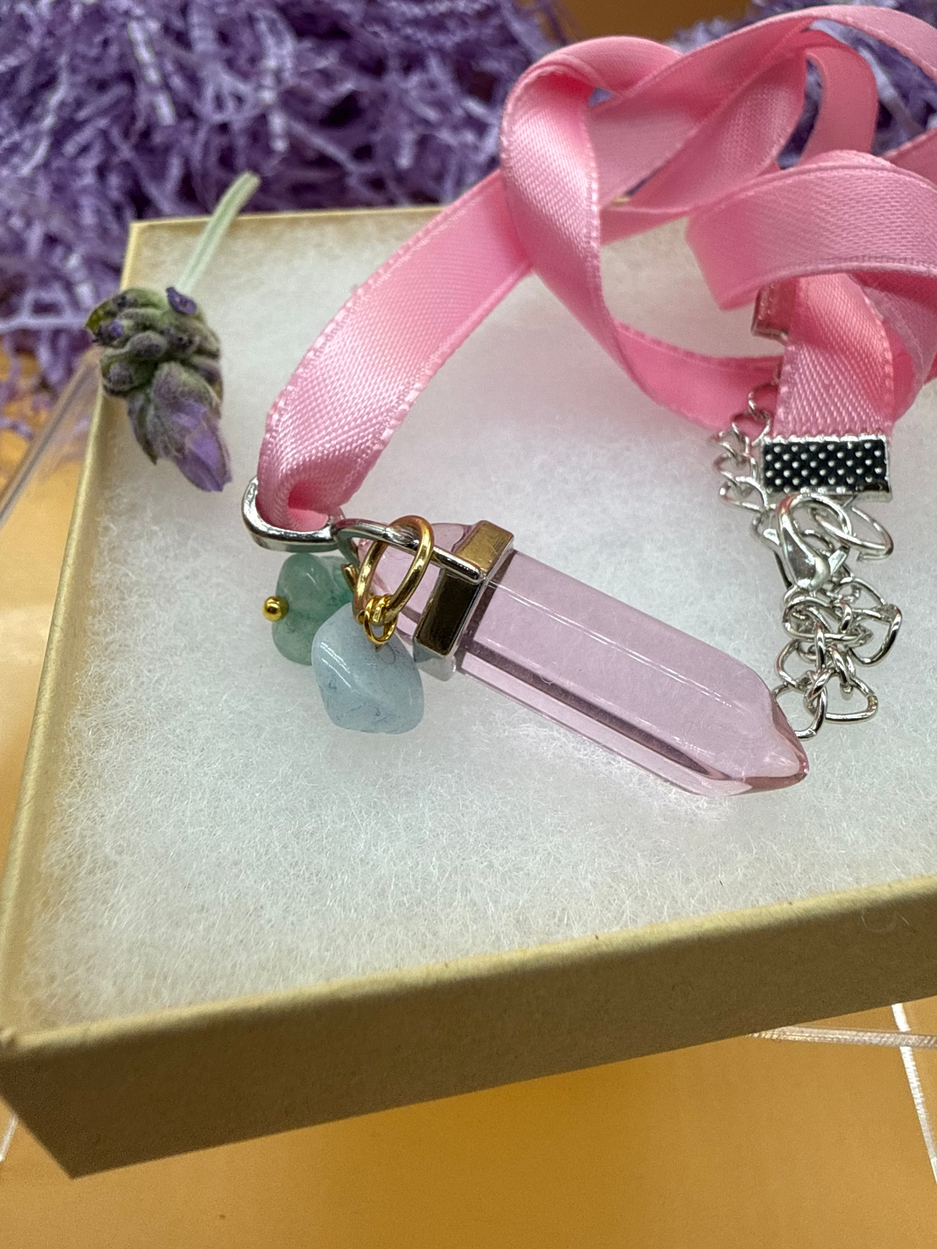 Pink/Siver Chakra Charm Ribbon Necklace