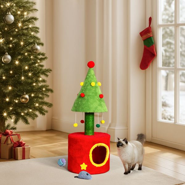 Miniatyrbilde: 30in Cat Scratching Post with Cat House for Indoor Kitten, Small Cat Tree Tower 