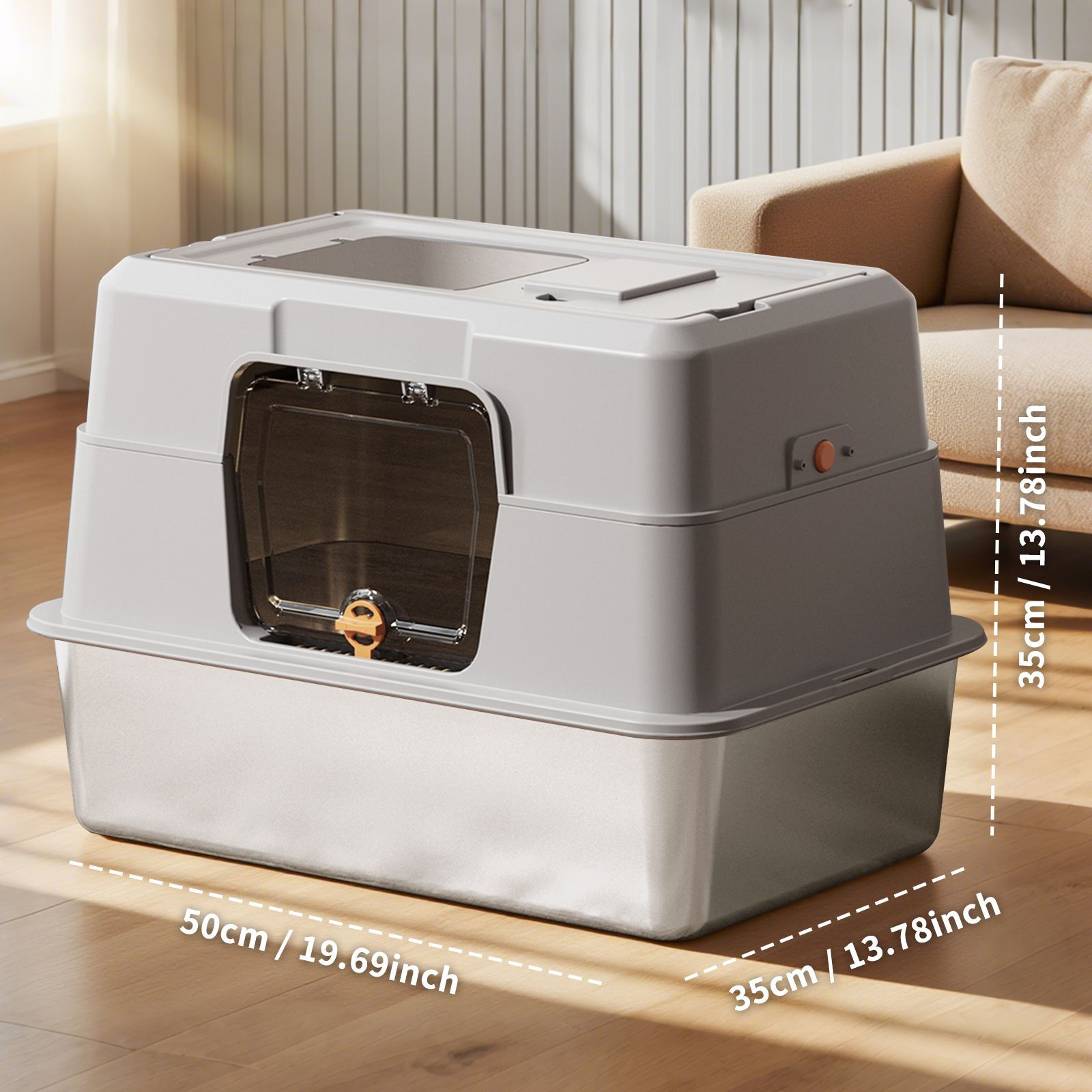Grey stainless steel fully enclosed cat litter box
