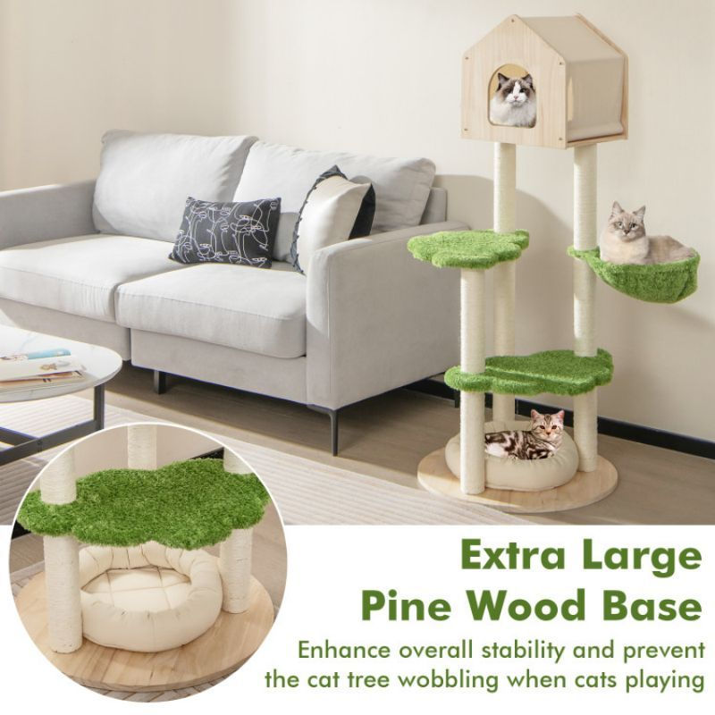 Thumbnail: 55 Inch Tall Cat Climbing Stand with Sisal Scratching Posts and Soft Cat Bed 