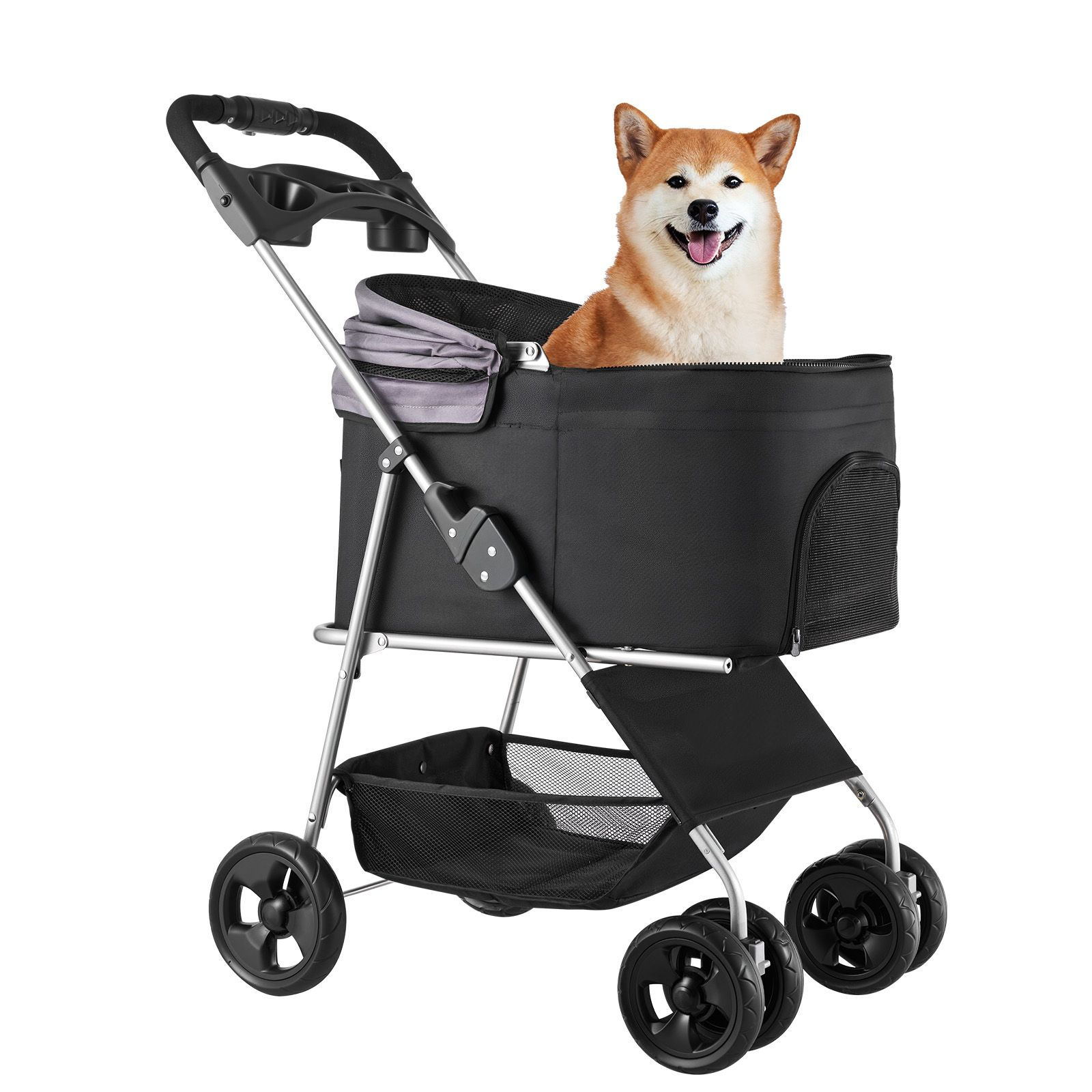Foldable Pet Stroller Cart, 4 Wheels with Detachable Carrier, Up To 35 Lbs