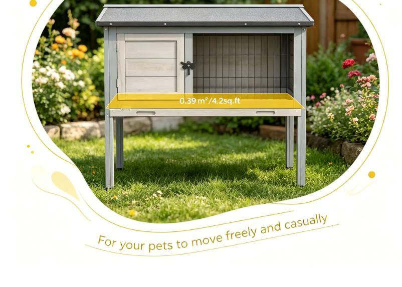 Grey Elevated Rabbit Hutch With Hinged Asphalt Roof Indoor/Outdoor