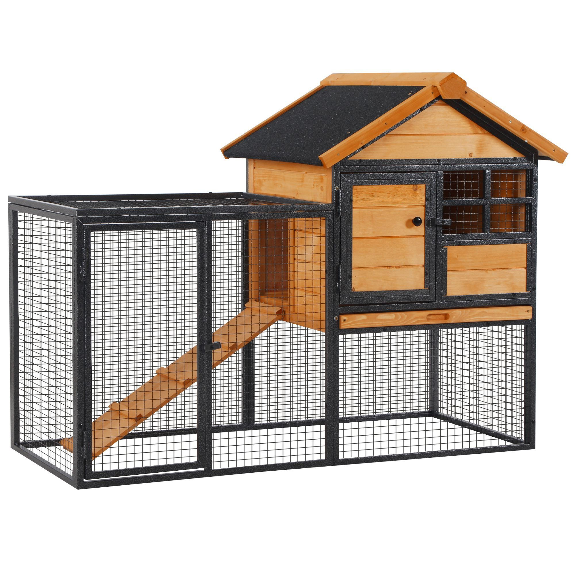 2-Level Rabbit Hutch Bunny Cage, Elevated Pet House with Weatherproof Hinged 