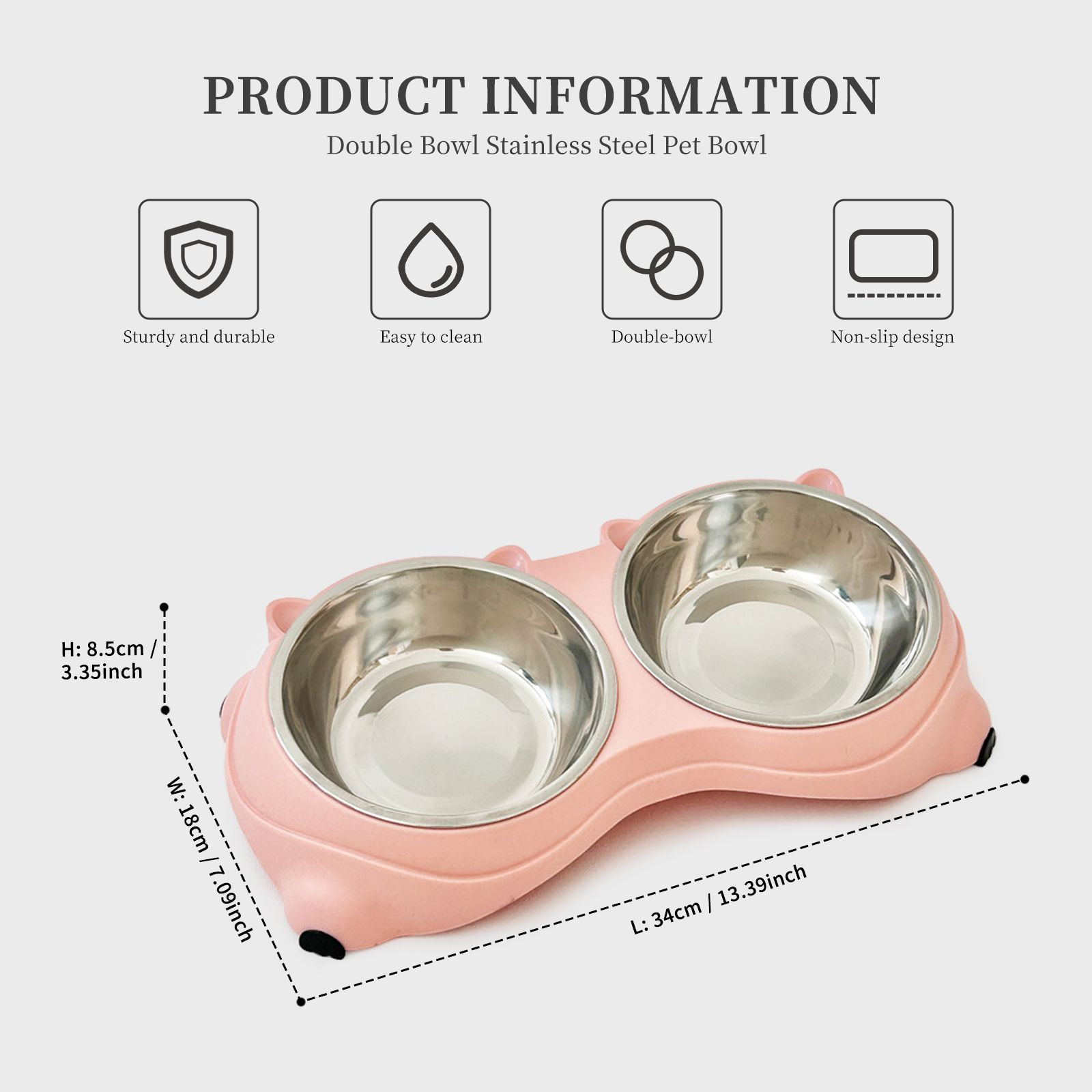 Anti slip base double cat food bowl, pink stainless steel food and water bowl
