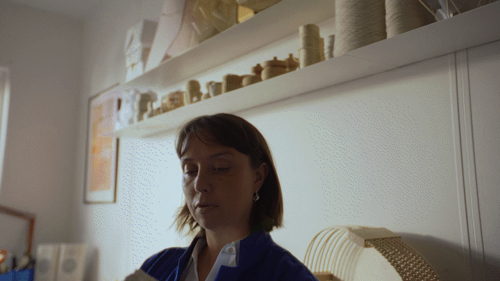 Commercial - Polène - Sia Hurtigkarl - The danish designer Sia Hurtigkarl is weaving a basket of leather straps in her studio.