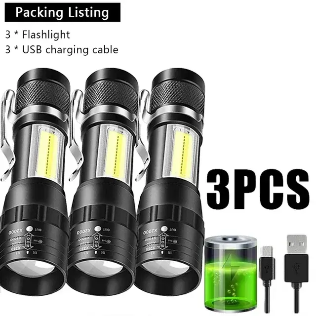 Thumbnail: Portable Rechargeable LED Flashlight With Pen Clip Zoomable Waterproof Torch