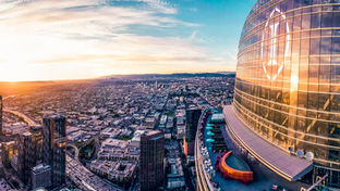 The highest point in Los Angeles at the Intercontinental Hotel in DTLA that overlooks the entire city, all the way to the Pacific Ocean of California.