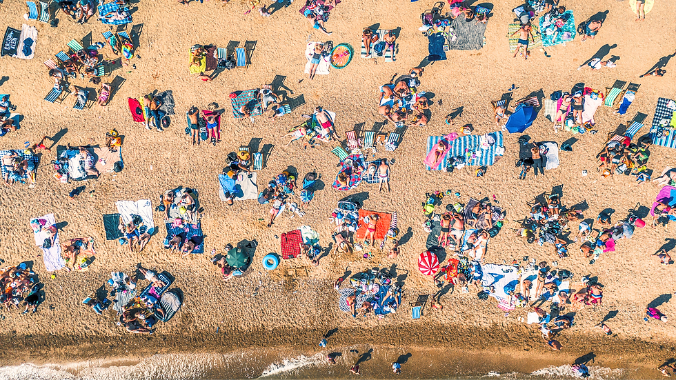 Santa Monica California beach crowd view from drone