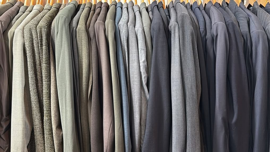 Men's designer suits rack at Chance Vintage