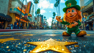A cute leprechaun on the Hollywood Walk of Fame, stars street, holding gold coins while a bright sunny day filled with palm trees is behind him.
