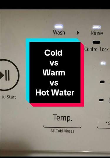 Close-up of a washer control panel showing a black label, Cold vs Warm vs Hot Water, with Wash, Rinse, and Control Lock lights.
