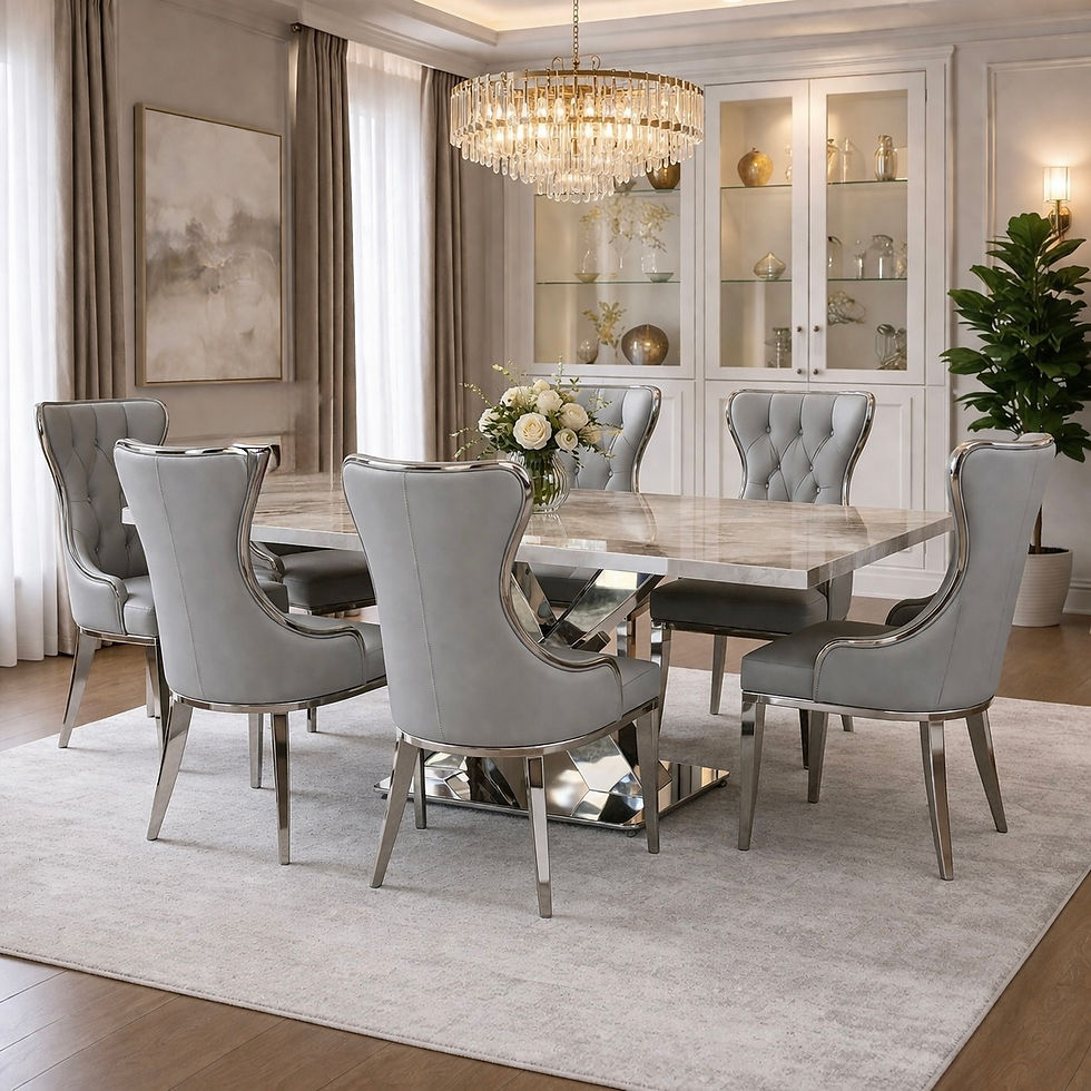 Cosmic 6 Seater Dining Set with Landa Grey Leather Dining Chairs