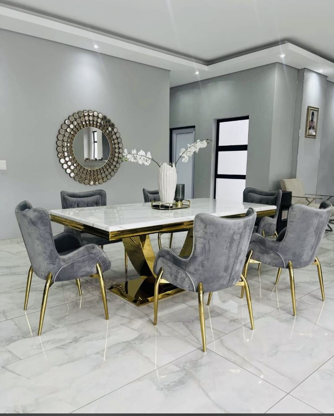 Gold Frame with white marble dining table and 6 Grey with Gold Legs Dining Chairs