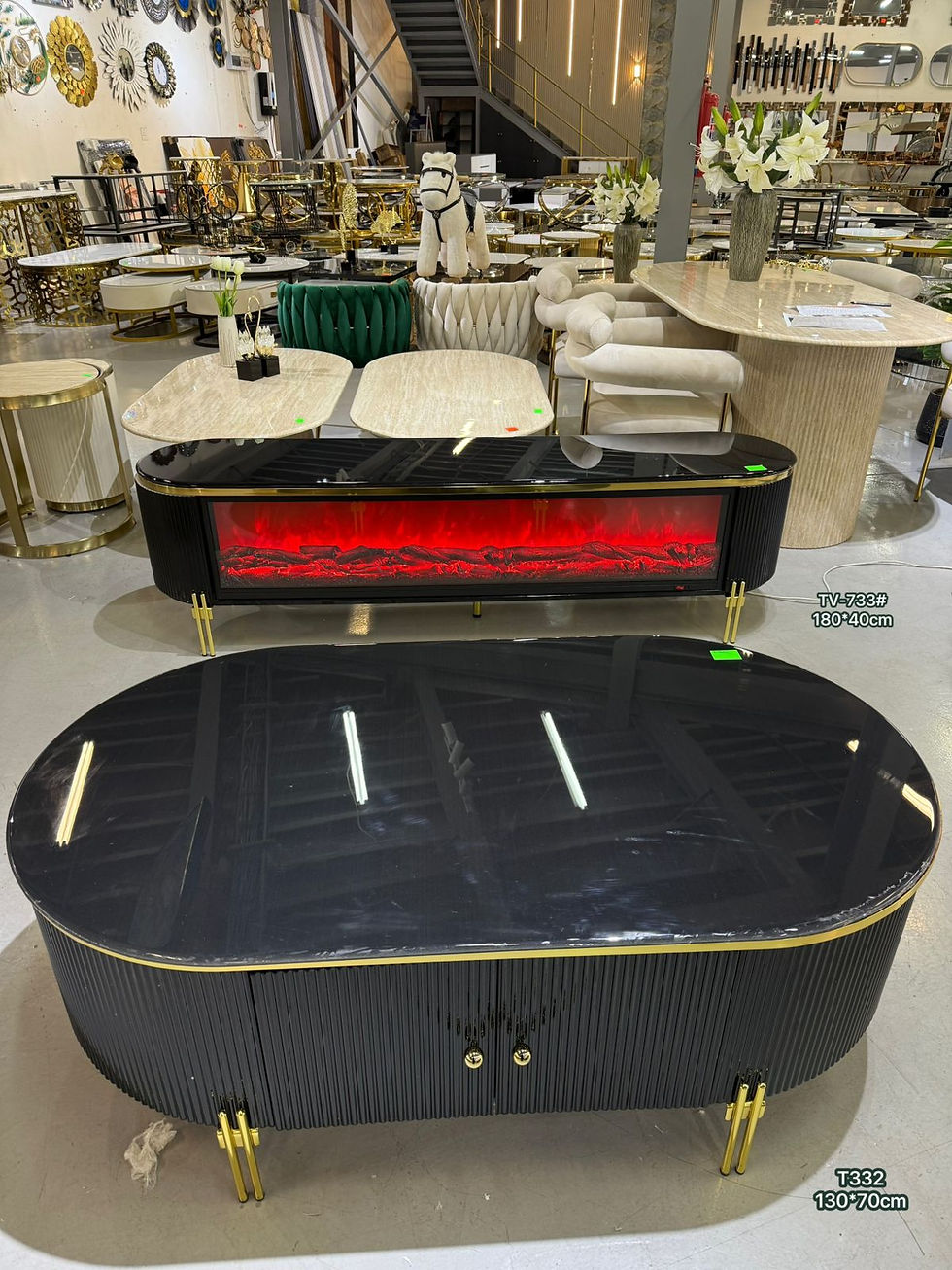 Black with gold accents Tv Stand and Coffee Table Set