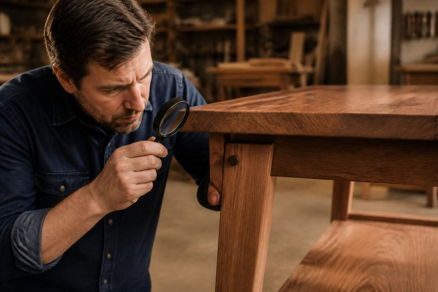 Professional woodworker examining handcrafted wooden table details, inspecting wood grain and joinery with magnifying glass under warm workshop lighting