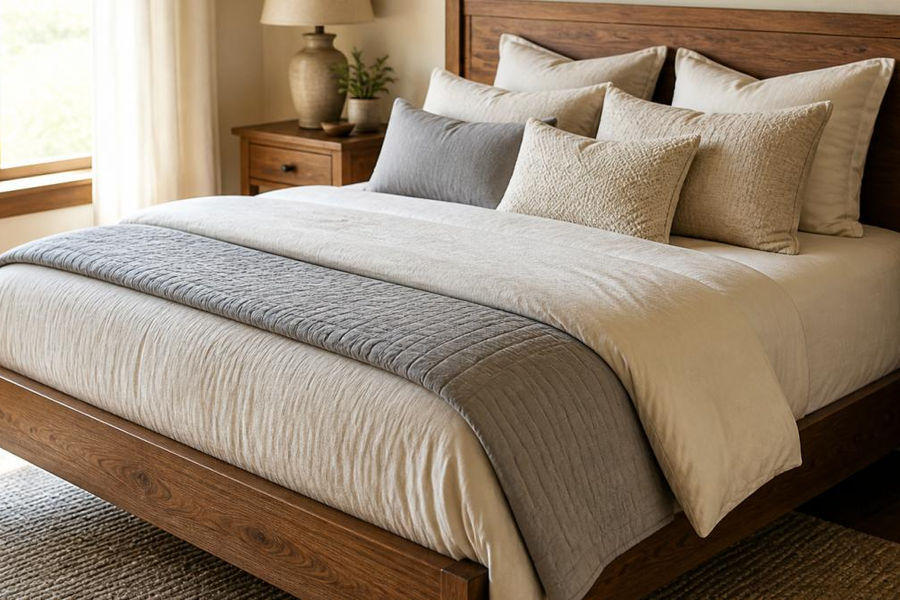 Styled solid wood bed frame with layered neutral bedding, quilted throw, and decorative pillows in cream and soft gray tones, natural morning light streaming through bedroom window