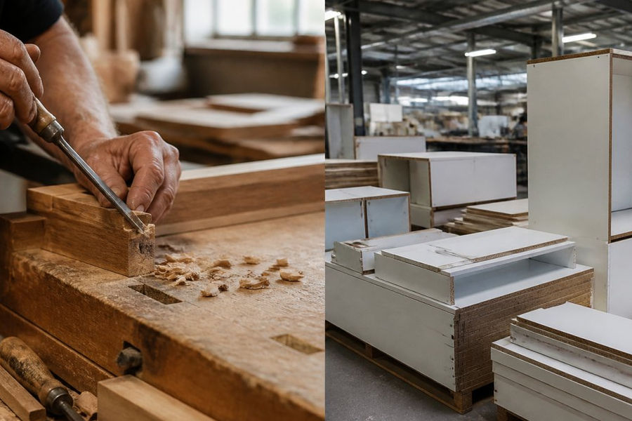 Close-up of a craftsperson's hands carefully fitting wooden joints and performing detailed hand-chiseling work on a custom wood furniture piece in a workshop with natural light