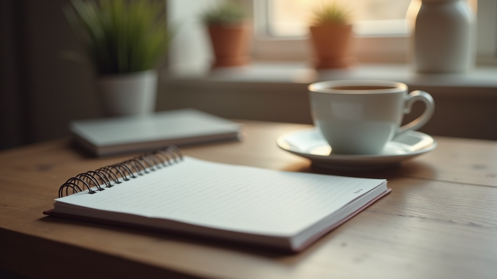 Eye-level view of a cozy workspace with a notebook and a cup of coffee