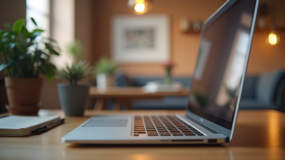 Eye-level view of a laptop on a desk with a cozy home background