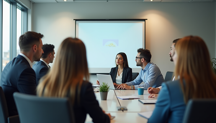 Eye-level view of a conference room with diverse professionals engaged in discussion