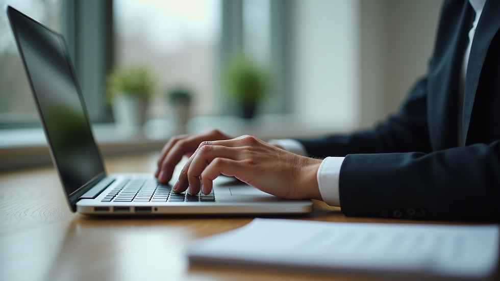 Eye-level view of a person using a laptop to complete administrative tasks online