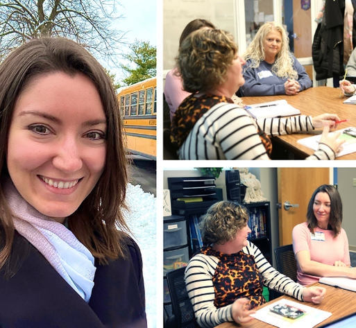 Standing in front of a school bus. Seated around a table during a meeting.