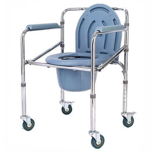 Folding Commode Chair with Wheels - Adjustable Height, Grey