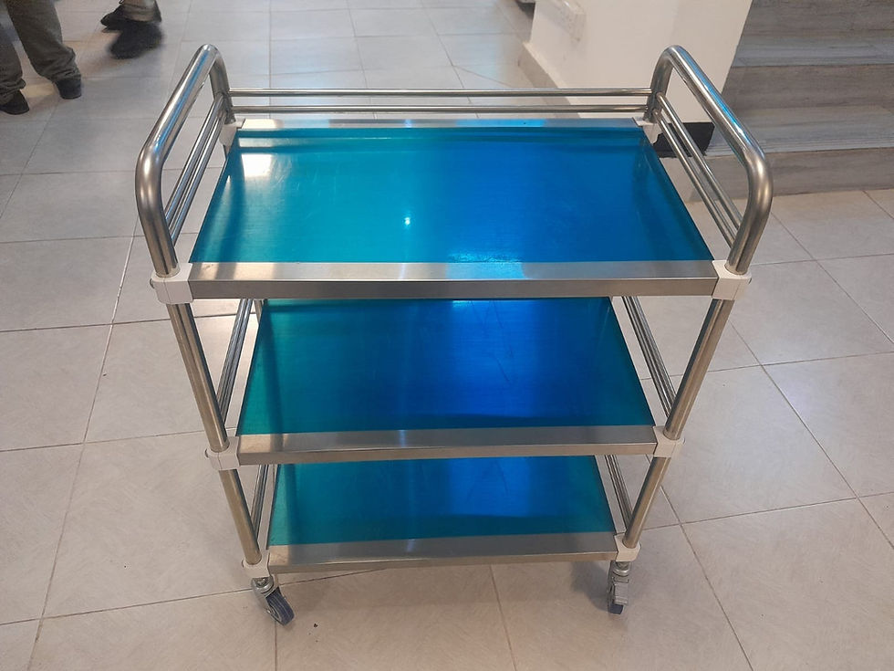 3 shelf stainless steel medicine trolley front view