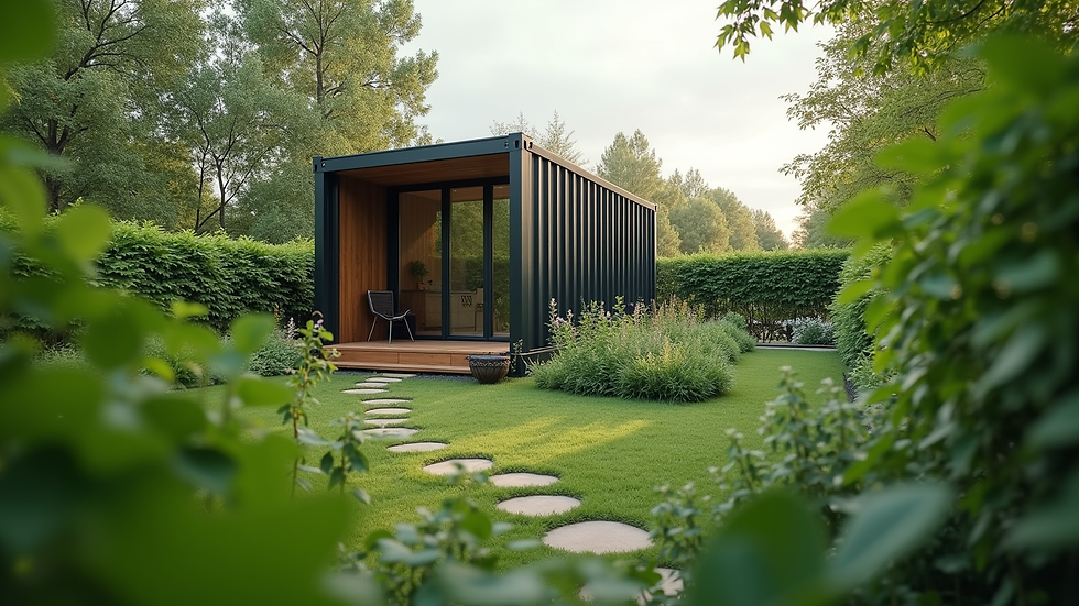 Eye-level view of a modern container house in a green garden