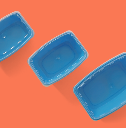 Blue rectangular Friendlier containers lined up
