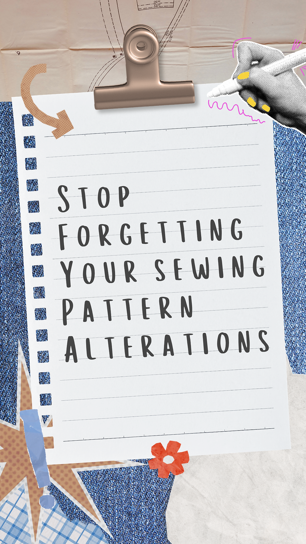 Pinterest graphic titled “Stop Forgetting Your Pattern Alterations,” featuring sewing pattern pieces, measuring tools, and the 2027 Ultimate Sewing Planner by Inside the Hem. Highlights the importance of documenting fitting adjustments for future garment sewing projects.
