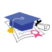 A gif of a blue graduation cap with two diplomas