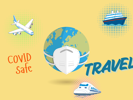 COVID Safe Travel graphic with a masked globe, airplane, ship, and train on a yellow background