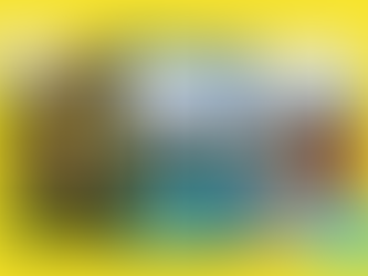 Three-panel nature collage: tropical waterfall, green mountain bay, and glowing lava flowing into the ocean on a yellow background.