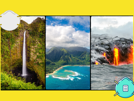 Three-panel nature collage: tropical waterfall, green mountain bay, and glowing lava flowing into the ocean on a yellow background.