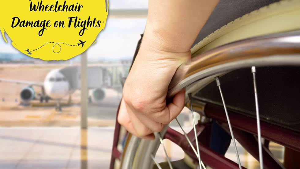"Tips to Prevent Wheelchair Damage on Flights" Close up of a wheelchair wheel with a person holding onto it looking out a window towards a plane sitting on a tarmac connected to the gate. 