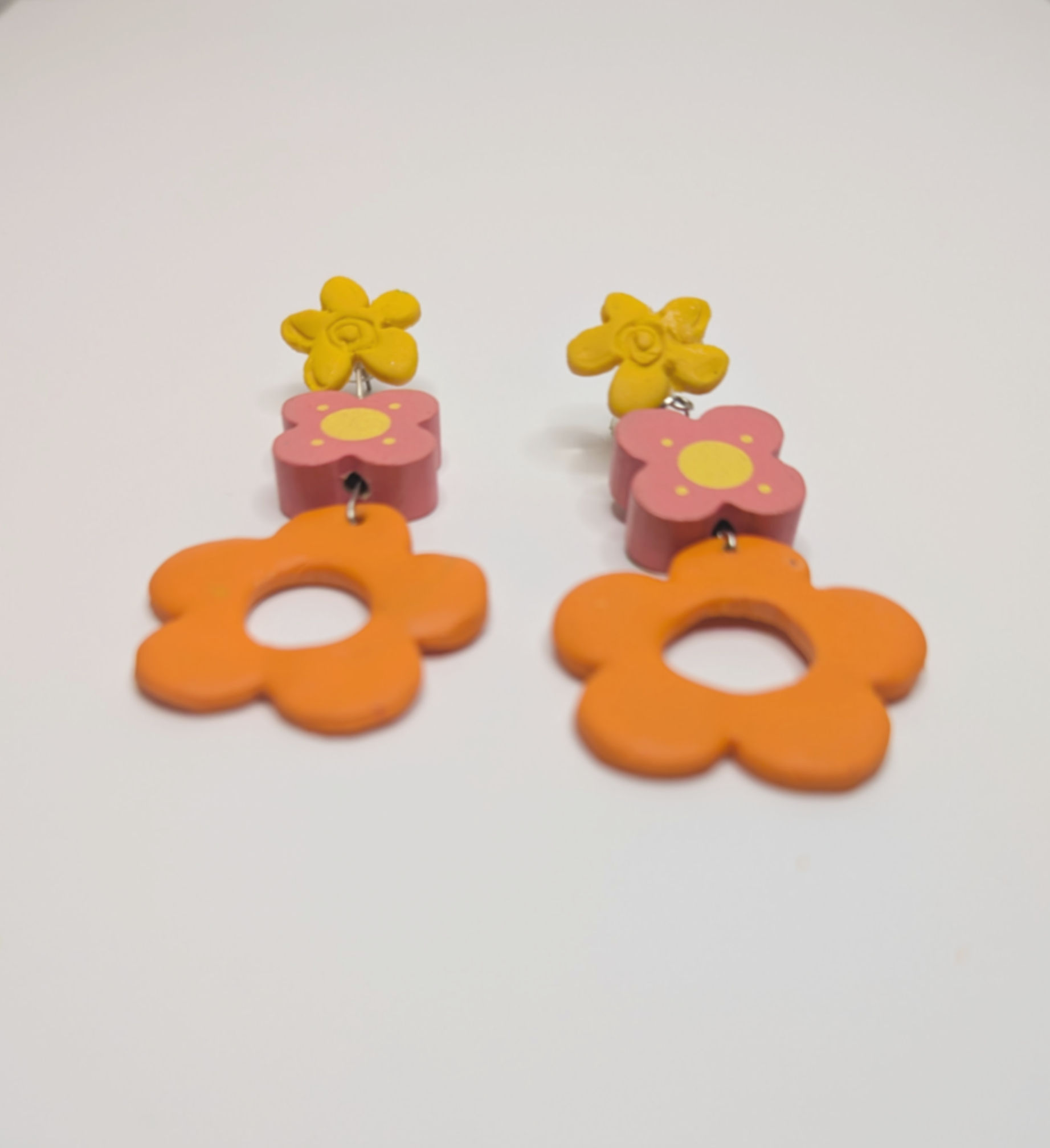 Three-Piece Flower Earrings – Wood & Polymer Clay