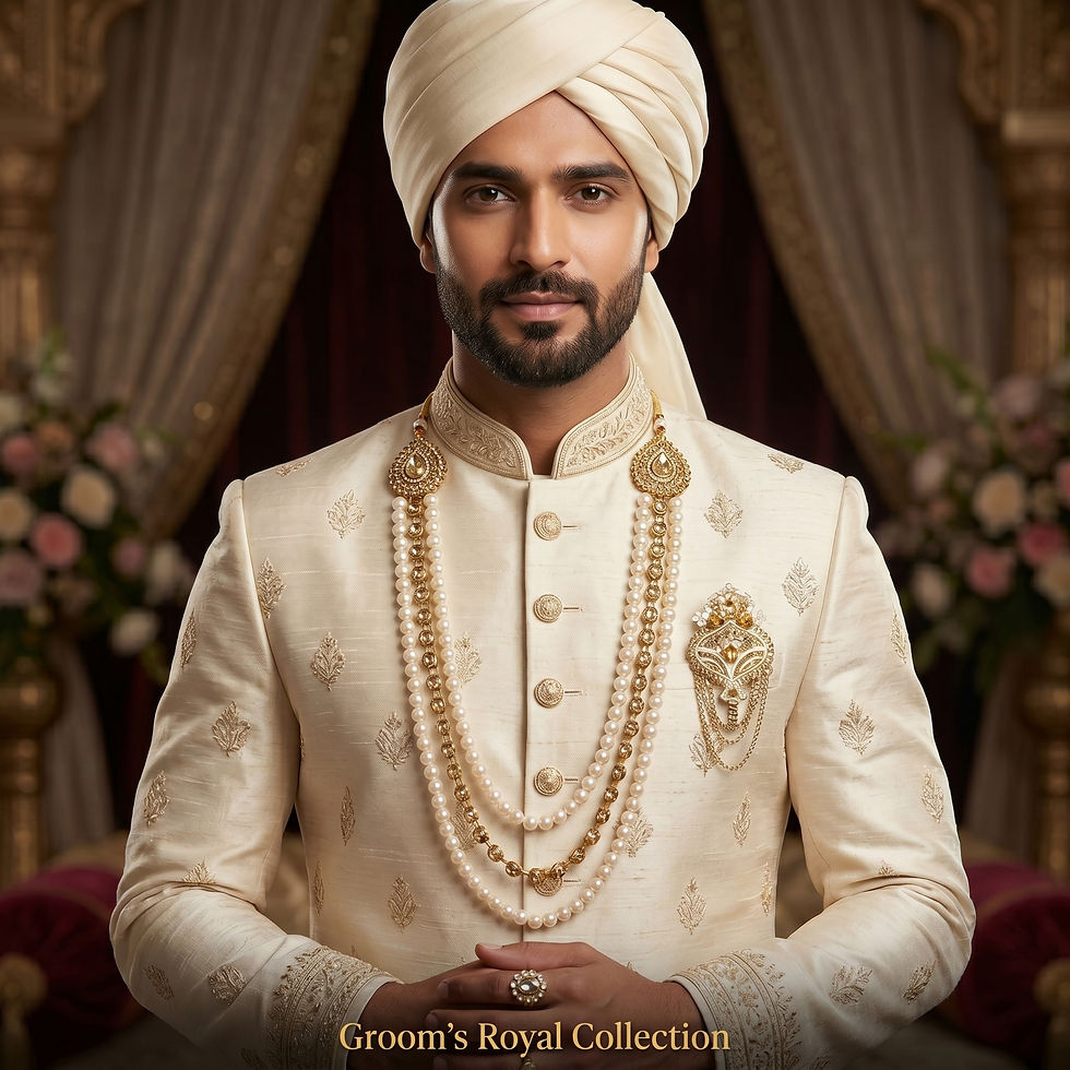 Thumbnail: The Sherwani Mala and brooch elevate the groom's attire, adding an extra layer of elegance.