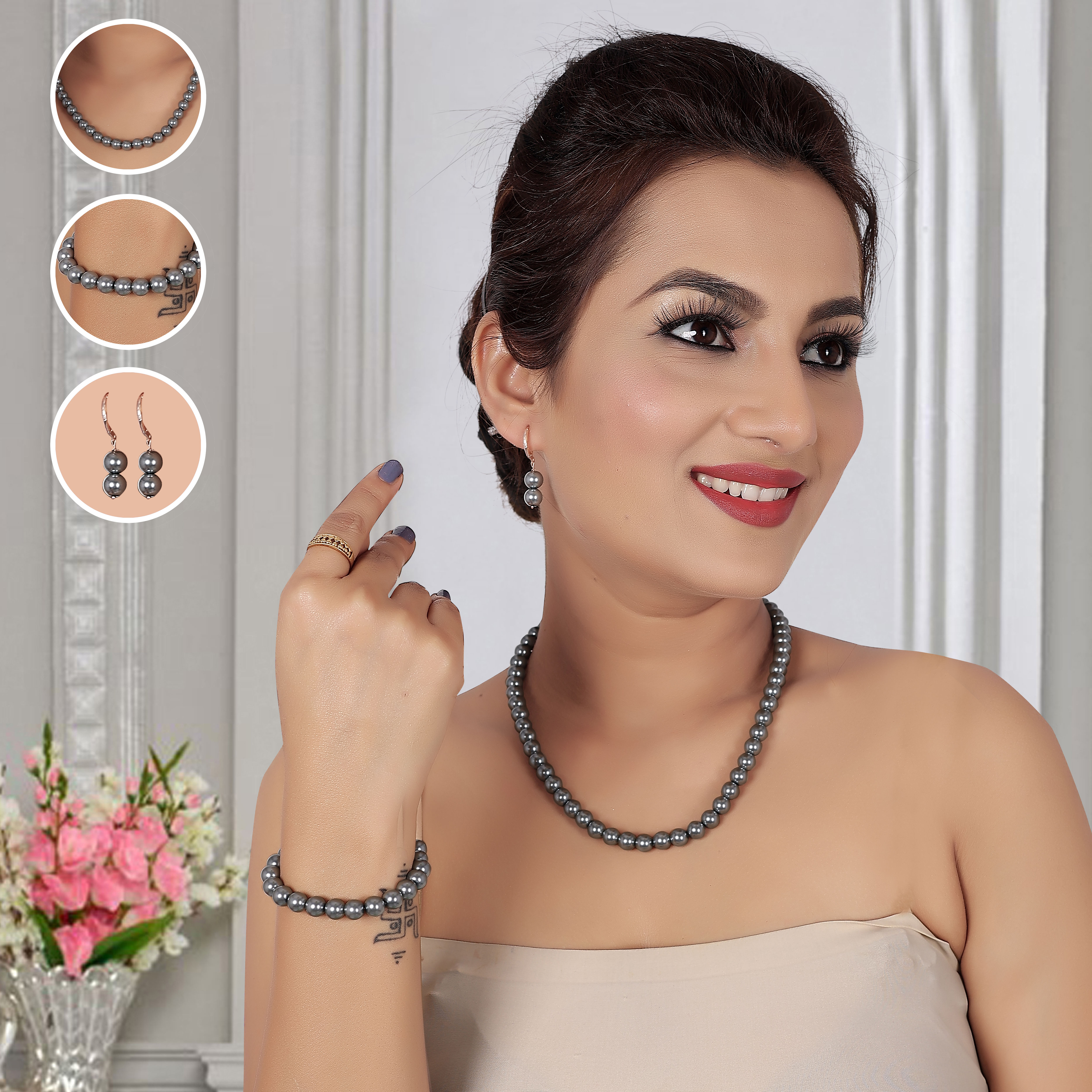 Pearls, renowned for their natural beauty and lustrous appeal, add a touch of luxury to the choker necklace set.