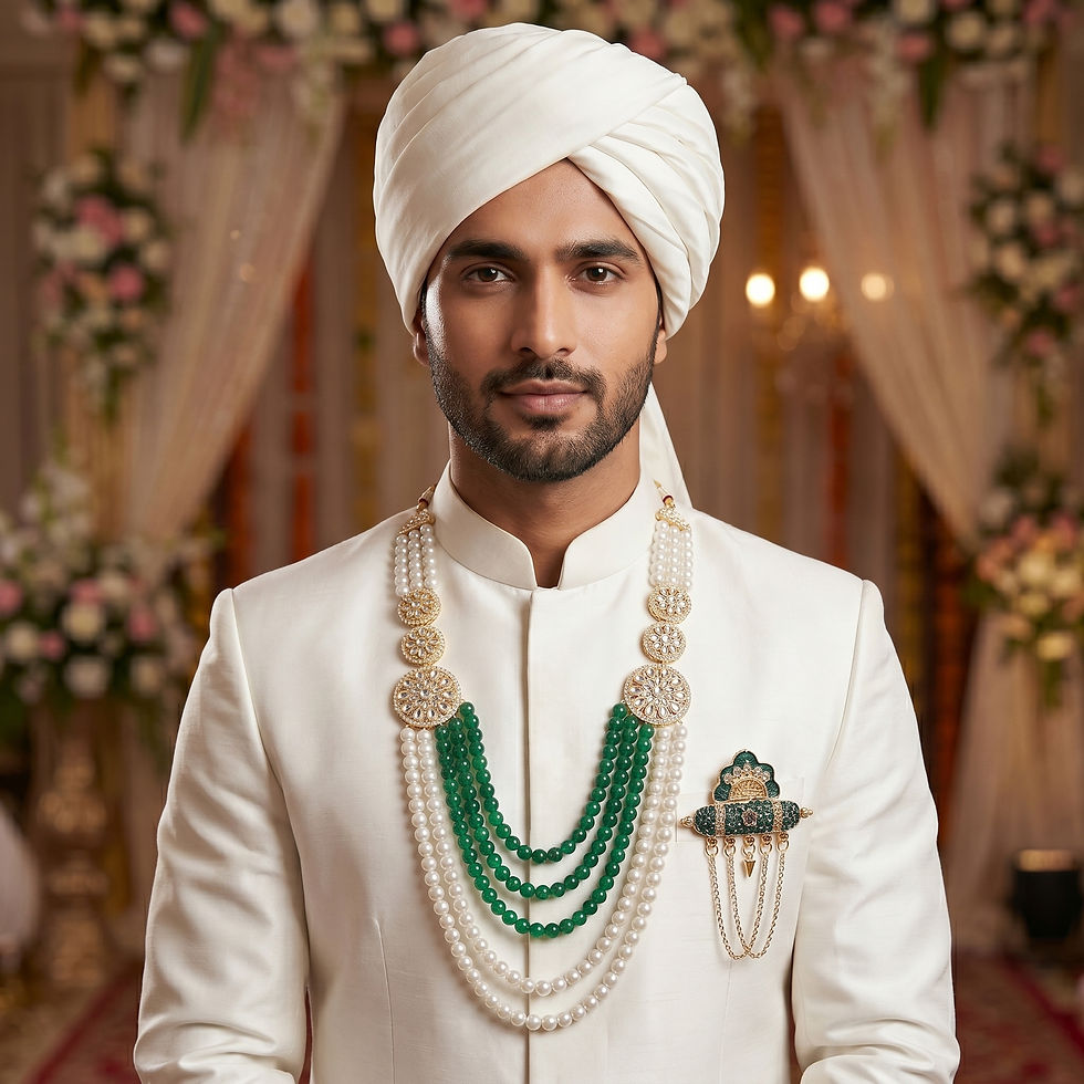 Thumbnail: Groom mala with pearl or glass beads, with designer brooch