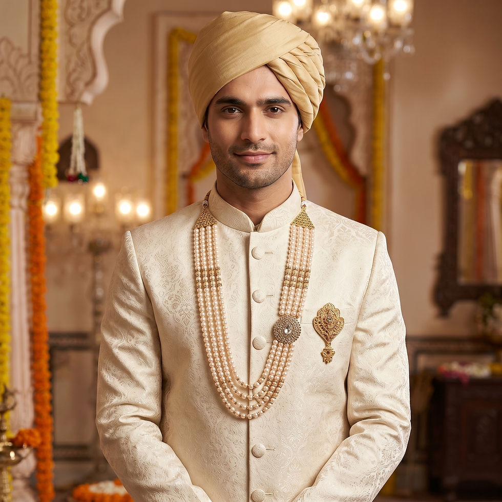 Thumbnail: Sherwani mala designs incorporate semi-precious stones, pearls, and crystals for added glamour.