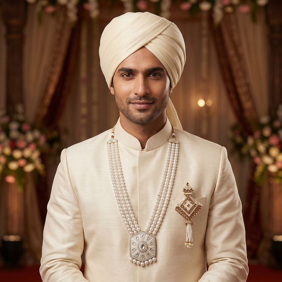 Thumbnail: groom mala design with decorative brooch for traditional sherwani look