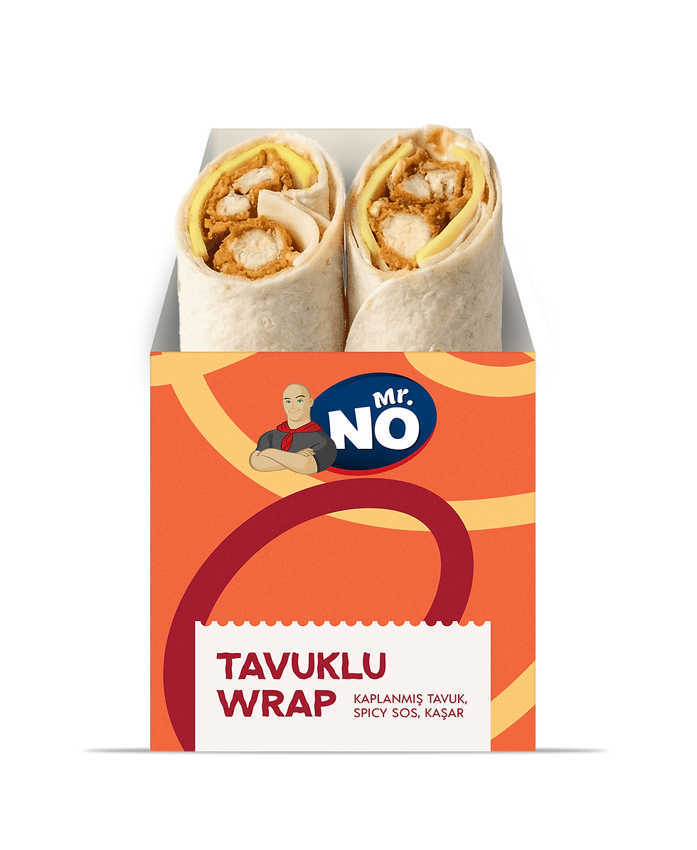 Üstte kesilmiş tavuklu wrapler, altta turuncu Mr. No Tavuklu Wrap paketi; KAPLANMIŞ TAVUK, SPICY SOS, KAŞAR yazıyor.