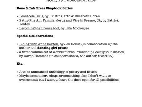 Bone & Ink Press 2018/19 Publication List