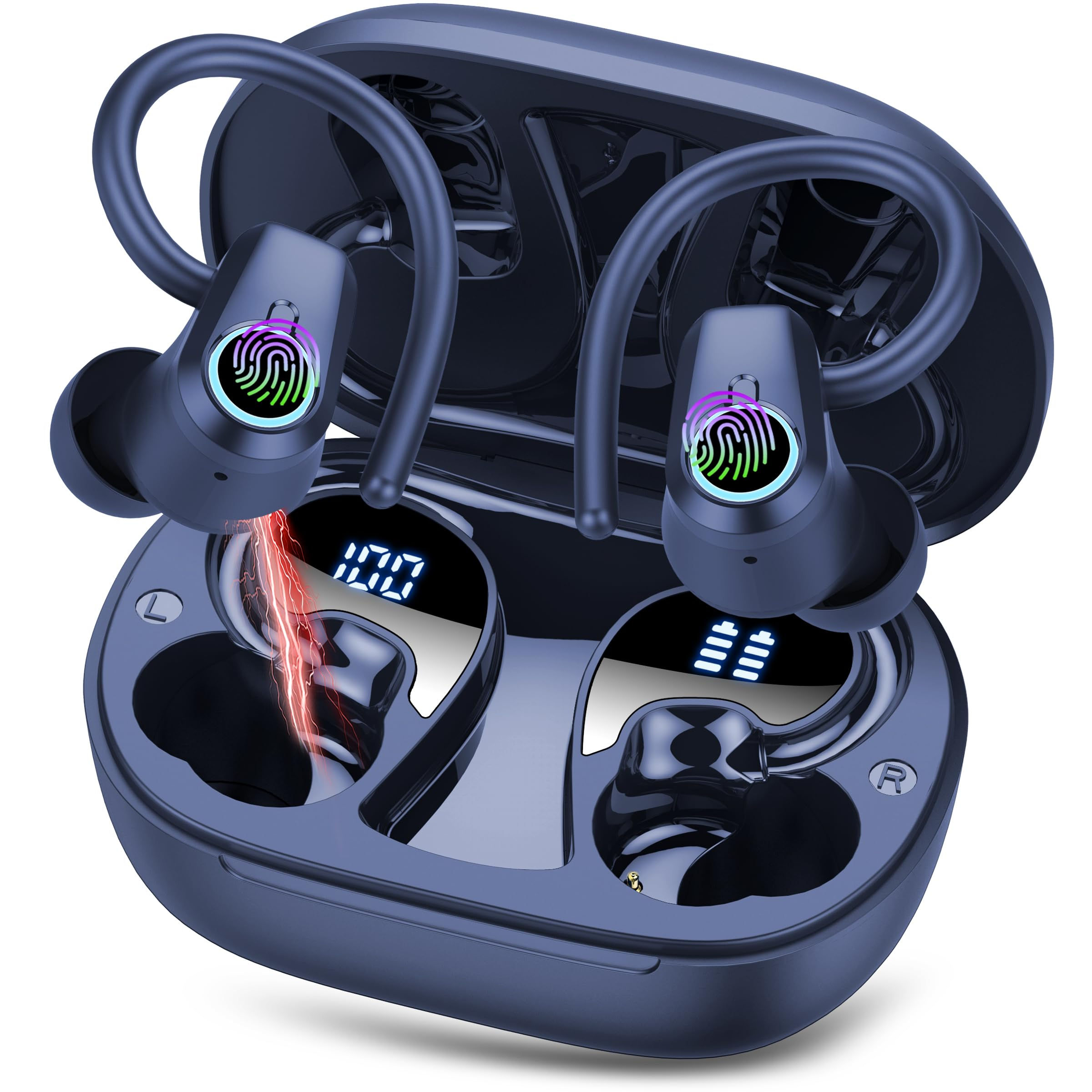 Bluetooth sport earbuds in charging case with LED display