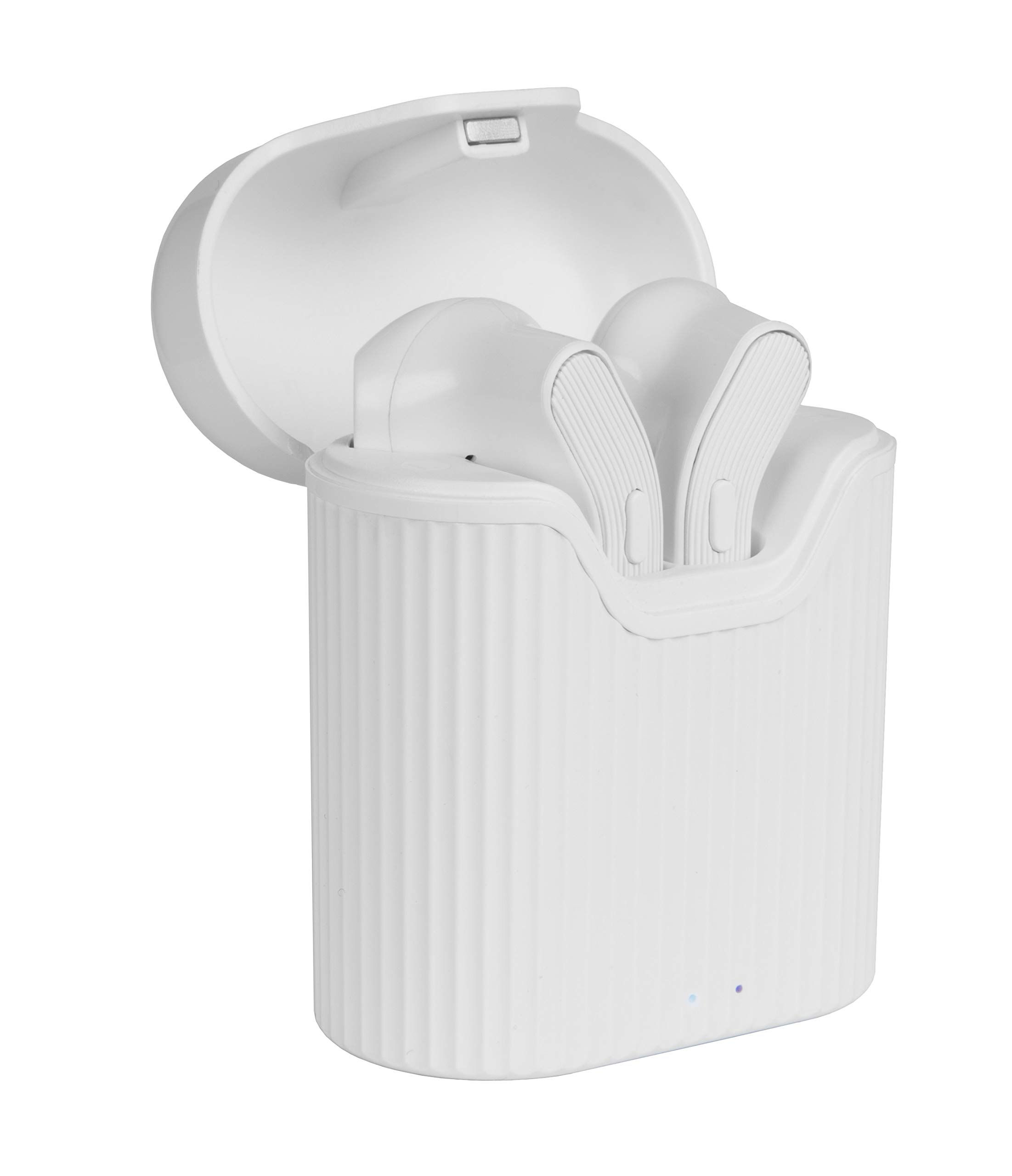 White Wicked Audio Driftr earbuds in open charging case