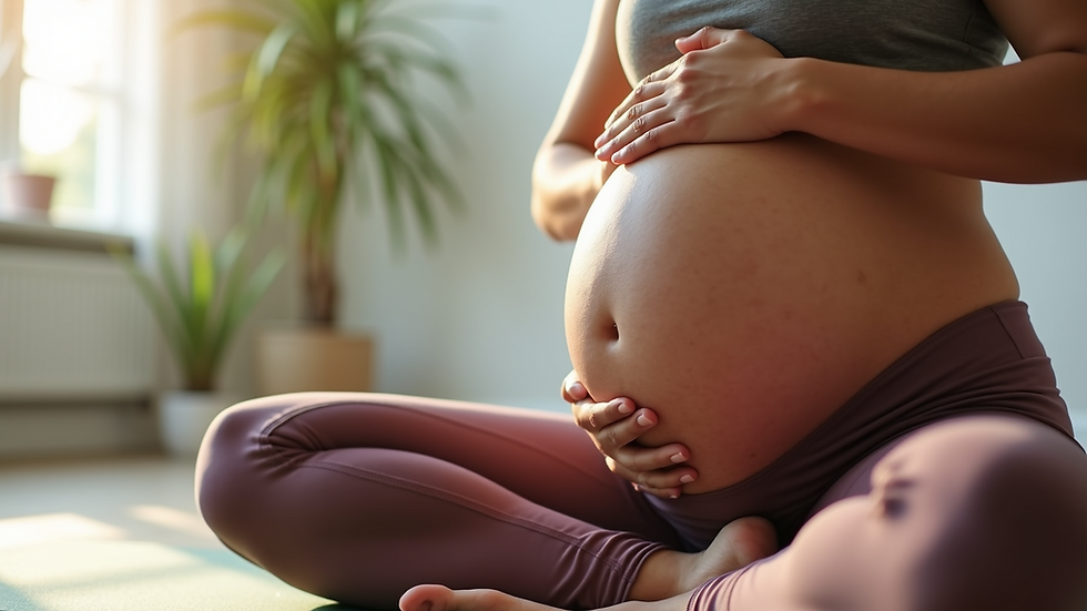 Close-up view of a pregnant woman practicing yoga for pelvic health